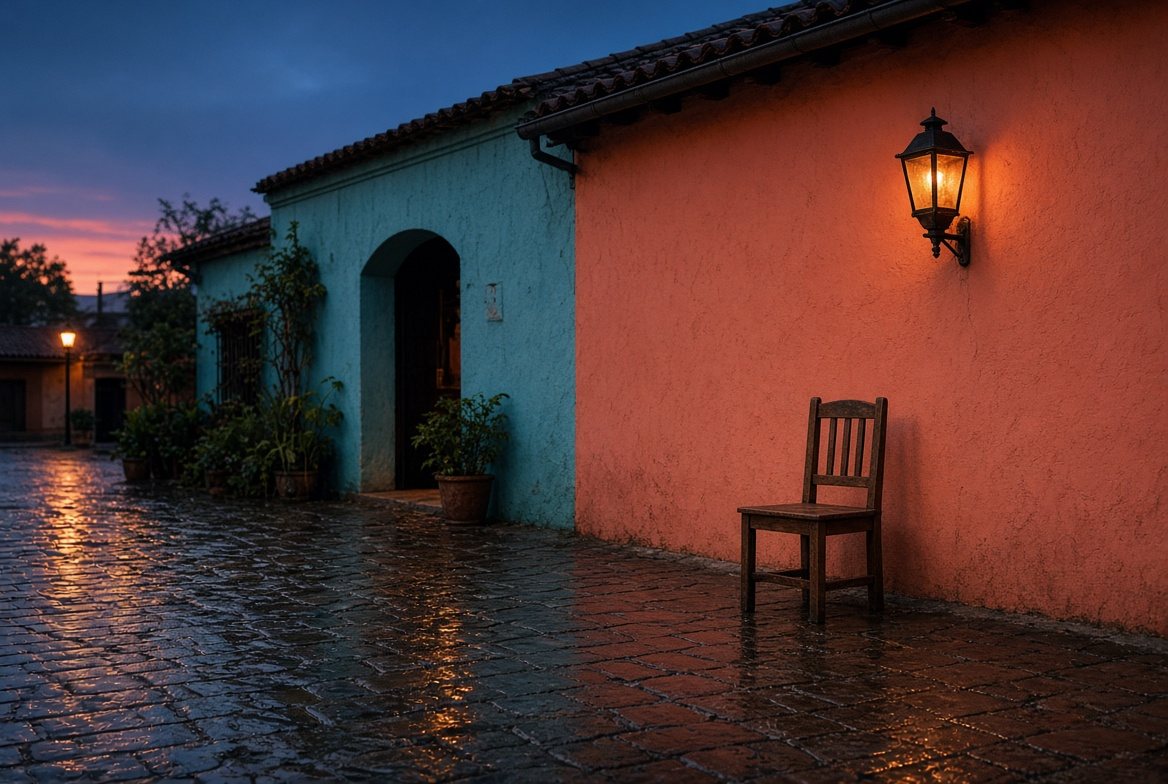 Concept study of an empty chair beside a coral wall at dusk.