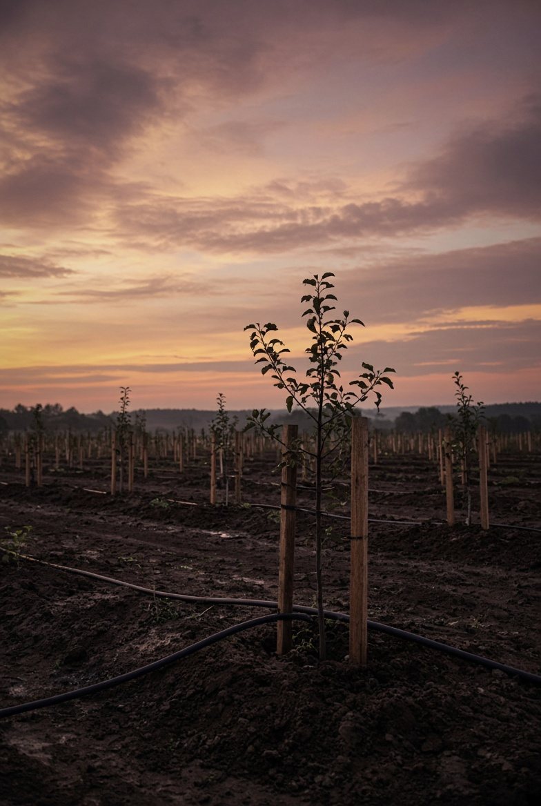 Concept study of a young tree staked in dark soil at dusk.